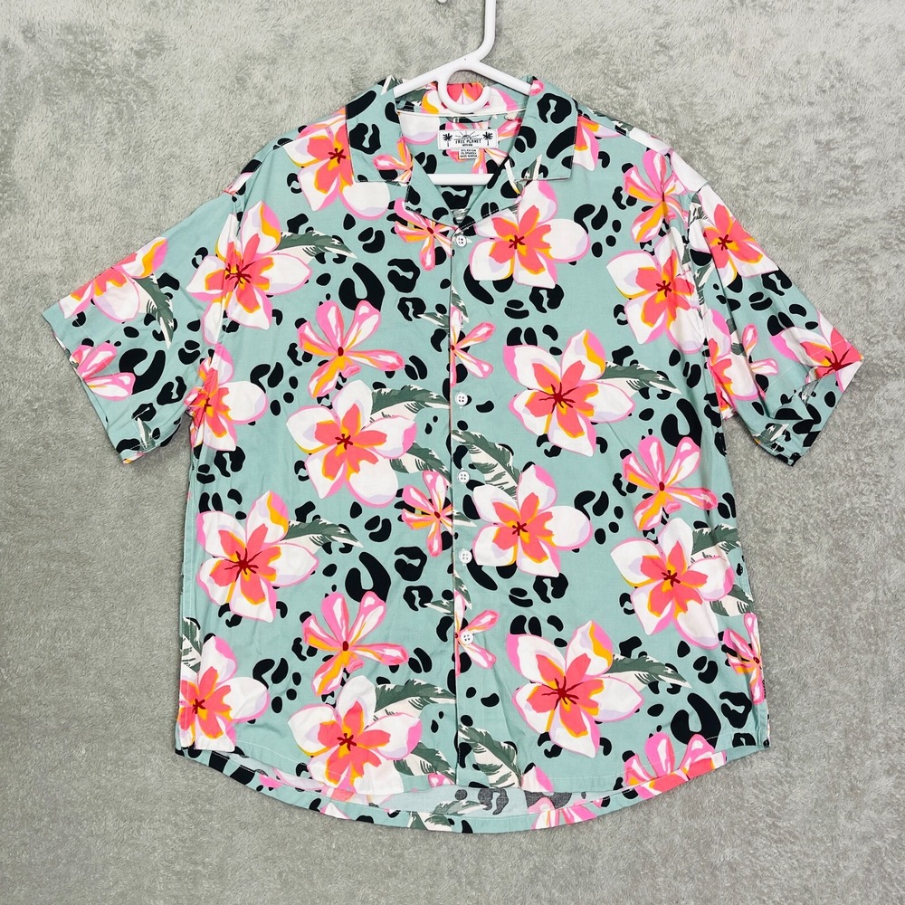 Free Planet Floral Leopard Print Button Up Shirt Tropical Hawaiian Style